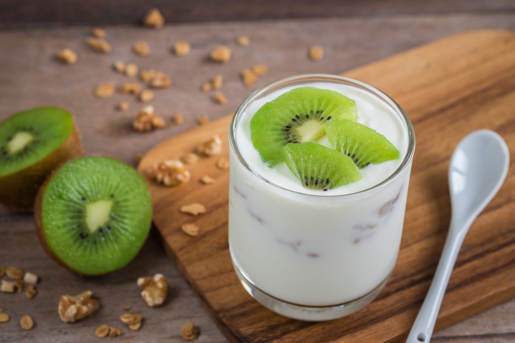 Yogurt with kiwi in glass