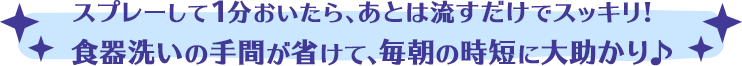 スプレーして1分おいたら、あとは流すだけでスッキリ!食器洗いの手間が省けて、毎朝の時短に大助かり♪