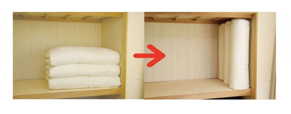 時間がたっても広がらない!1/2サイズで収納できる「ふとん圧縮袋 まるめるタイプ」