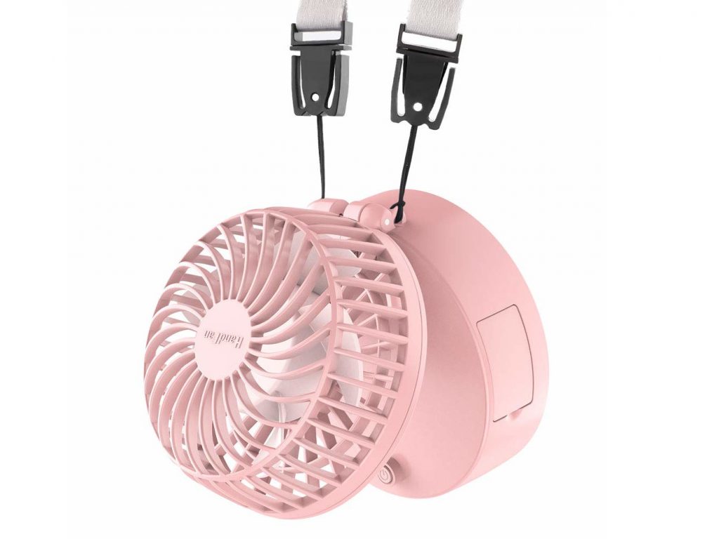 携帯扇風機 首かけ、HandFan 小型 卓上扇風機/首かけ 扇風機 静音USB充電式扇風機 最大17時間動作 2600mAhモバイルバッテリー内蔵 鏡付き 折り畳み式 3段階調節 ハンディーファン 強風 熱中症対策(ピンク)