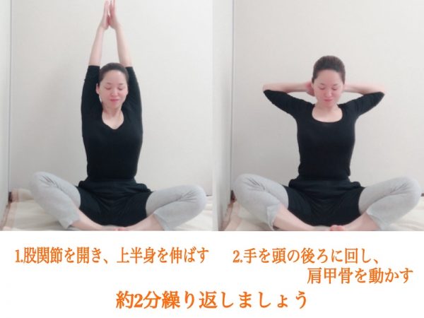 股関節を開いて座り、上半身を伸ばす