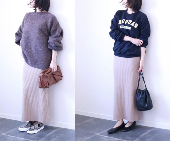 シワが気にならず着痩せも叶う♪万能「ニットスカート」着回しコーデ3つ