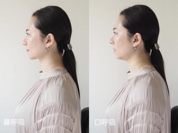 (左:鼻呼吸をする横顔、右:口呼吸をする横顔)