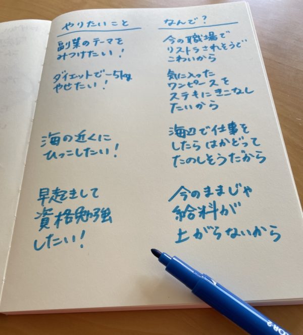 やりたいこととその理由を書き出したノート