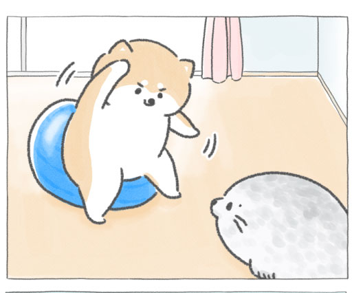【四コマ漫画】vol.9「バランスボール」｜おはよう！おしばと愉快な仲間たち