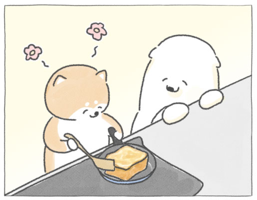 【四コマ漫画】vol.24「ぜいたくフレンチトースト」｜おはよう！おしばと愉快な仲間たち