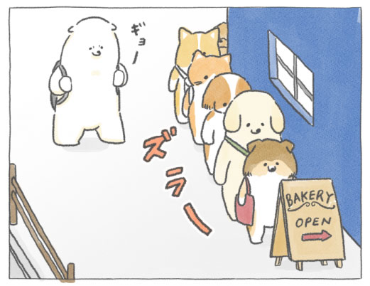 【四コマ漫画】vol.32「人気のパン屋さん」｜おはよう！おしばと愉快な仲間たち