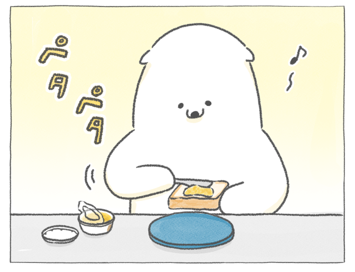 【四コマ漫画】vol.39「ぬって焼くカレーパン」｜おはよう！おしばと愉快な仲間たち
