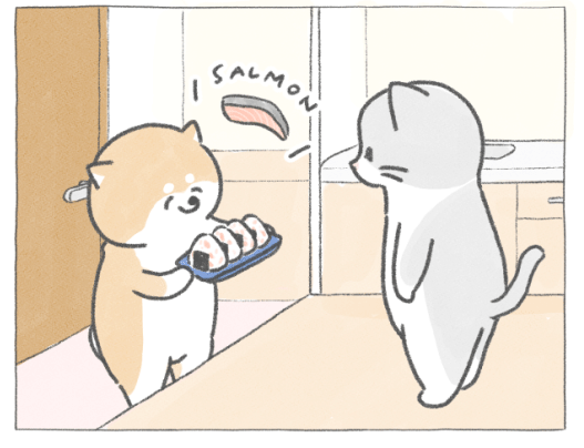 【四コマ漫画】vol.61「鮭おにぎり」｜おはよう！おしばと愉快な仲間たち