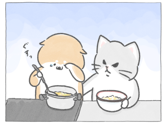 【四コマ漫画】vol.63「具だくさん卵がゆ」｜おはよう！おしばと愉快な仲間たち