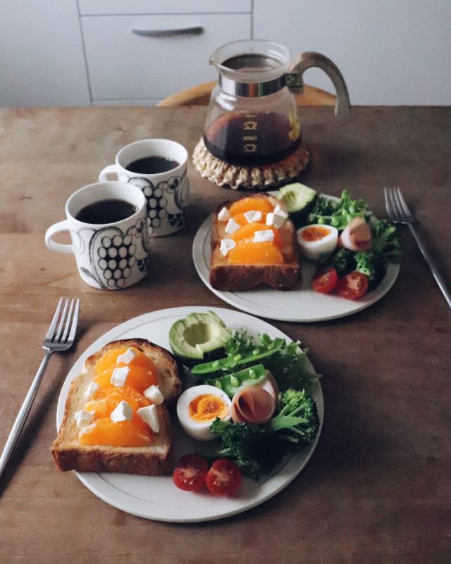 朝食プレートとコーヒー