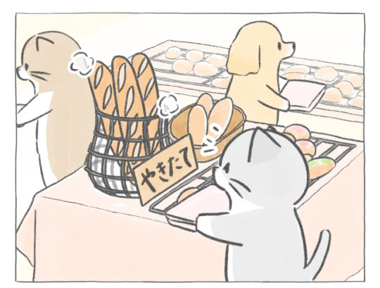 【四コマ漫画】vol.91「焼きたてフランスパン」｜おはよう！おしばと愉快な仲間たち