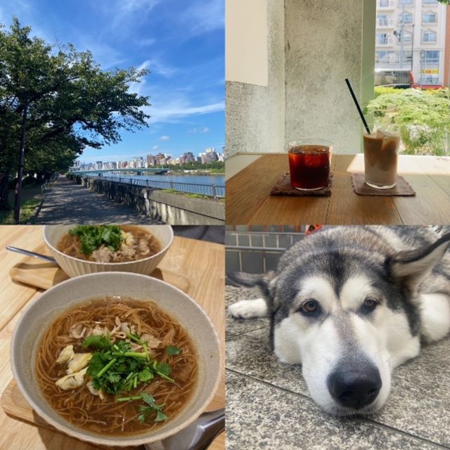 青空、コーヒー、温かい麺、犬