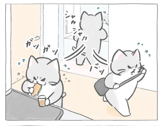 【四コマ漫画】vol.95「急ぐ朝」｜おはよう！おしばと愉快な仲間たち