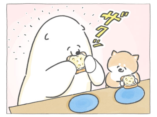 【四コマ漫画】vol.104「コーンチーズトースト」｜おはよう！おしばと愉快な仲間たち