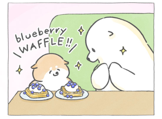 【四コマ漫画】vol.109「ブルーベリーワッフル」｜おはよう！おしばと愉快な仲間たち