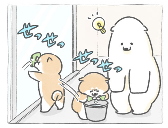 【四コマ漫画】vol.125「窓掃除」｜おはよう！おしばと愉快な仲間たち