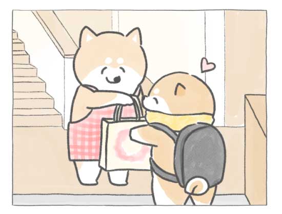 【四コマ漫画】vol.136「お土産パーティー」｜おはよう！おしばと愉快な仲間たち
