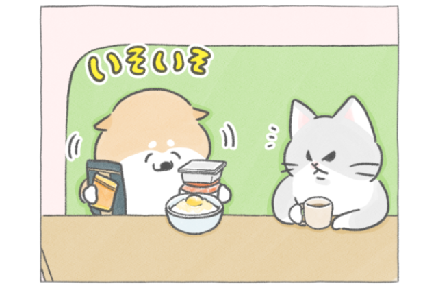 【四コマ漫画】おしばの“お供モリモリ”朝ごはんが最高！猫八の反応にクスッ♪