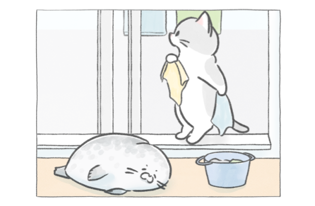 【四コマ漫画】洗いたてタオルにモフッ！ユキちゃんの“癒し顔”で朝からほっこり♪