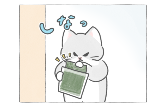 【四コマ漫画】猫八の朝ごはん！味見が止まらない「しけ海苔」復活アイデア