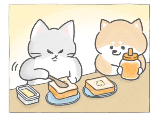 【四コマ漫画】ハチミツとろ〜り♪ おしばと猫八の「ハニーバタートースト」モーニング