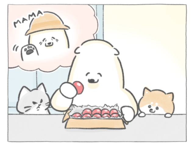 【四コマ漫画】みんなの口まわりに思わずクスッ♪愛情たっぷり“仕送りごはん”の朝