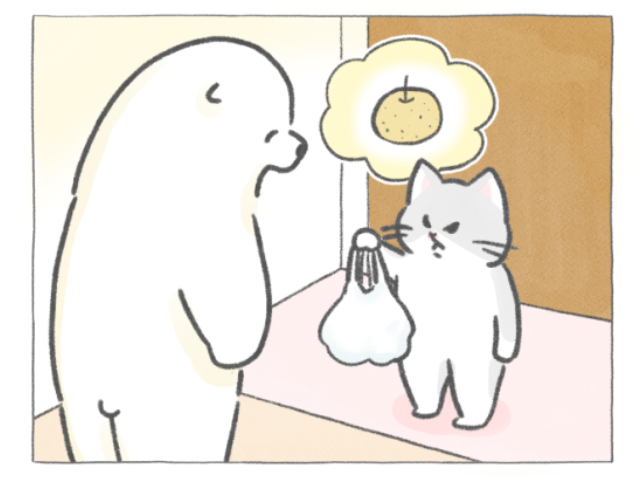 【四コマ漫画】梨のおすそわけでほっこり♪ “いつもの仲間”がいない朝のひとコマ