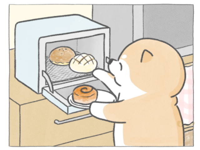 【四コマ漫画】トースター「チーン」で至福の朝♪香りにうっとり、おしばの朝ごはん