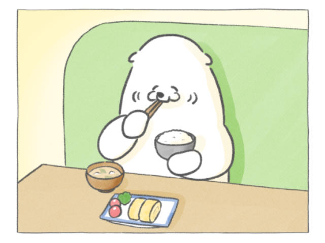 【四コマ漫画】思わず二度見…！「まだ入る」クマシローの朝のもぐもぐタイム