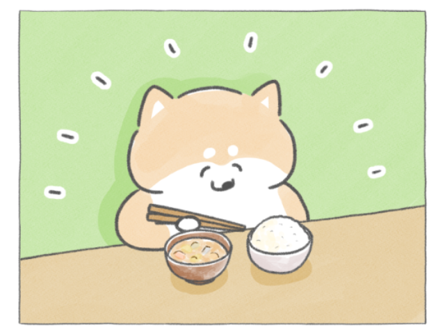 【四コマ漫画】え、朝からこの量!? おしばもびっくり、クマシローの“しっかりごはん”